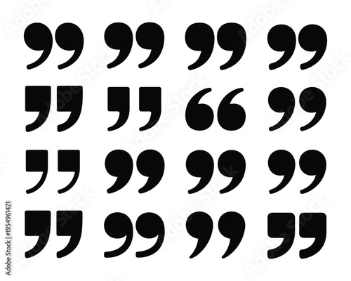 Bold quotation marks bundle, heavy punctuation icons, editorial callout graphics, press release layout, brochure headline, inspirational quote design, vector