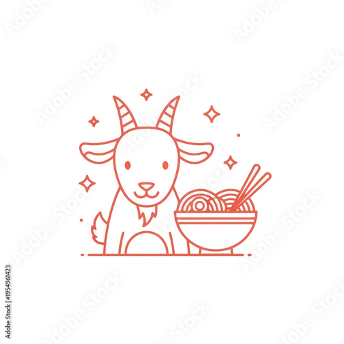Schilderij op canvas Cute Goat Character with Ramen Noodles Bowl and Chopsticks, Line Art Illustratio