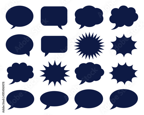 Blue speech bubbles bundle, chat cloud shapes, comic dialogue icons, customer support banner, messaging app template, livestream overlay elements, vector