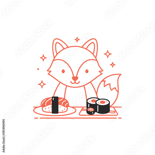 Cute fox character enjoying sushi, kawaii illustration, japanese food, playful design