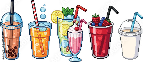 A collection of pixel art illustrations depicting various refreshing beverages, including bubble tea, orange juice, lemonade, strawberry milkshake, and a smoothie