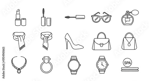 Fashion Beauty Linear Icon Set, Cosmetics Sunglasses Perfume Scarf Shoes Outline Vector Collection