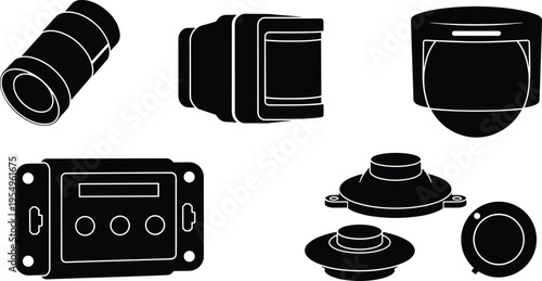 Black silhouette vector illustration of smart home security system components including motion sensors, siren alarm, camera lens, and control panel.