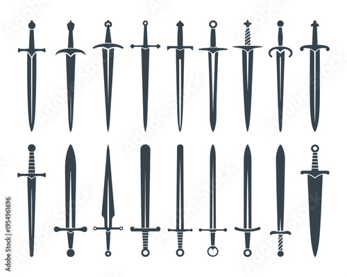 Medieval swords collection, knight armory weapons set, renaissance fair cosplay event graphics, fantasy battle blades, black silhouette vector icons