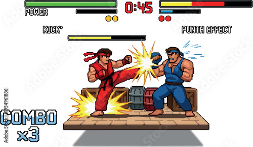 Vintage fighting game scene with two characters in a battle, showcasing a punch and kick with special effects and a combo multiplier, evoking classic arcade nostalgia