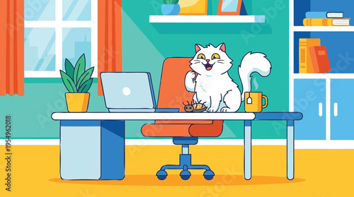 Contented fluffy cat enjoys a delicious treat while working remotely from a cozy home office desk setup