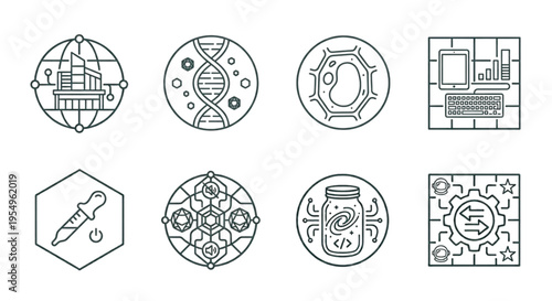 Biotechnology and Advanced Scientific Research Minimalist Icon Set.