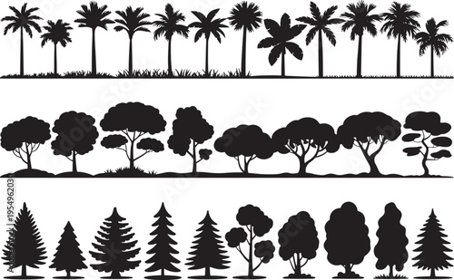 Tree silhouettes, Various types and shapes, Black on white background