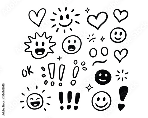 Positive emotion doodles, hearts ok symbols and faces, social media reaction pack, fun hand drawn vector icons for stickers, posts