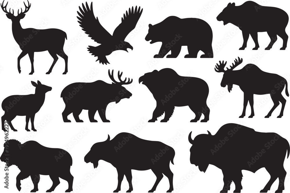 Fototapeta premium Collection of wildlife animal silhouettes including deer, Bear, Bison, And eagle