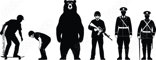 Mixed silhouette collection, skateboard outline figure, bear motif illustration, soldier icon art, officer design graphic, posture symbol image