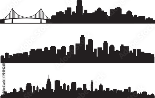City skyline silhouette with suspension bridge and urban landscape