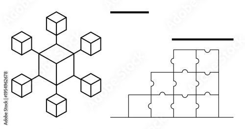 Blockchain concept. Blockchain network graphic alongside puzzle elements blockchain connection and problem-solving strategies. Ideal for cryptocurrency, supply chain, data sharing, technology, and IT