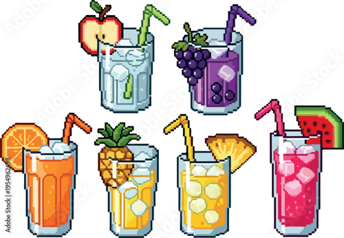Pixel art collection of assorted fruit juices and drinks with garnishes