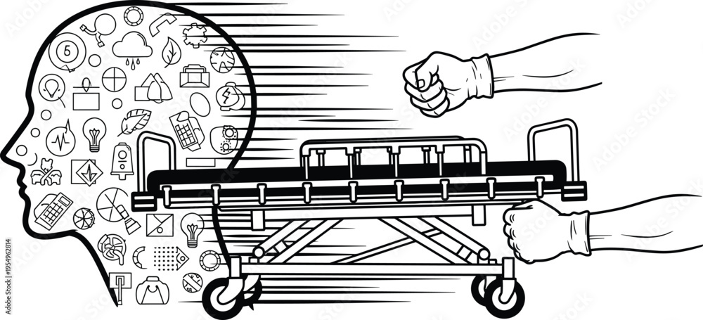 Obraz premium Conceptual Illustration of a Human Profile Filled With Icons Being Rushed on a Medical Stretcher Representing Mental Health Emergency Crisis.