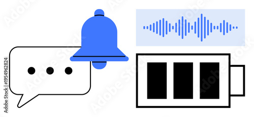 Communication concept. Communication symbols include message notification, sound wave, and energy battery. Communication enhancing connectivity and efficiency. For apps, devices, UX design, energy
