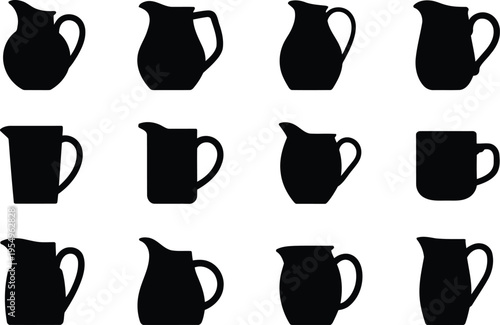 A collection of twelve diverse black silhouette pitchers and mugs on a clean white background