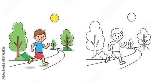 Little Boy Jogging on a Path in the Park with Trees and Sun, Colored Version and Outline Coloring Page for Children's Educational Activities, Health and Sport Lifestyle Vector Illustration