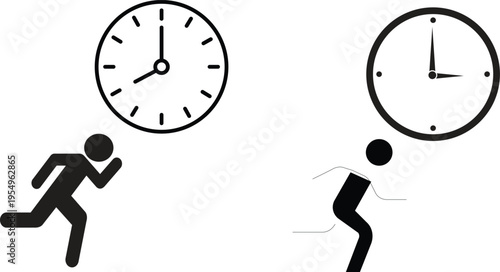 Running person and clock icon, time pressure and deadline symbol, minimal flat vector design