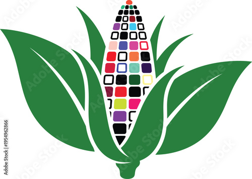 Colorful Corn Cob Illustration Featuring Vibrant Multi Colored Kernels And Green Leaves For Agricultural Technology Organic Food And Farming Design.