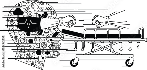 Conceptual Mental Health Illustration Featuring Human Profile With Internal Symbols Fist Fight And Hospital Stretcher Representing Medical Emergency And Psychology.