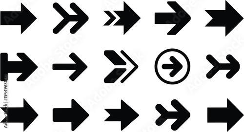 A comprehensive collection of diverse black arrow symbols pointing right for various directional purposes