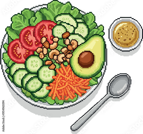 Pixel art of a healthy and fresh salad with avocado, tomatoes, cucumbers, carrots, and nuts, served with a side of dressing and a spoon