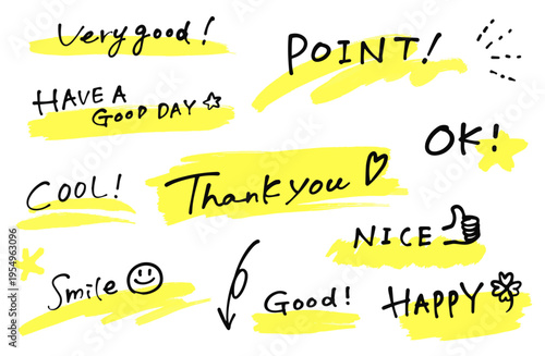 手書きの文字とラインマーカーのセット。Thank you、GOOD、NICEなどのポジティブな言葉。ベクター素材。