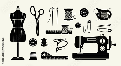 Collection of sewing and tailoring icons in black silhouette style.