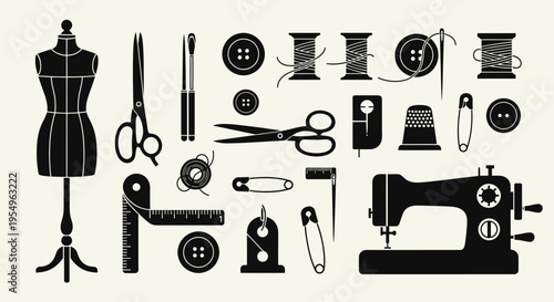 Collection of sewing and tailoring icons in black silhouette style.
