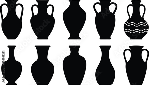 A diverse arrangement of classic black silhouette pottery vessels with various handles and shapes