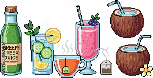 Collection of healthy beverages, including green juice, herbal tea, fruit smoothie, and coconut water, perfect for a refreshing and nutritious lifestyle