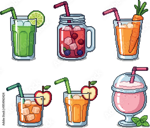 Refreshing collection of six pixel art fruit and vegetable drinks, perfect for digital design and culinary themes