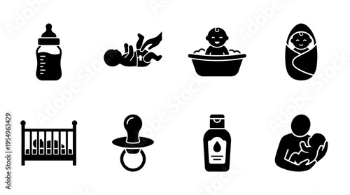 Baby Care Vector Icons – Feeding, Bathing, Sleeping & Essentials