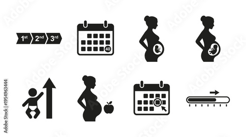 Pregnancy Timeline Vector Icons – Trimester Stages, Growth, Due Date & Maternity Tracking