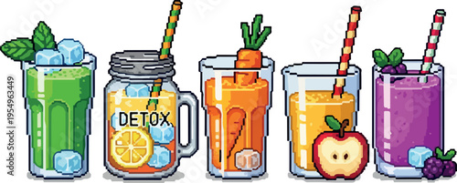 Pixel art collection of healthy drinks, including detox juice, smoothies, and fruit beverages, presented in clear glasses with fresh ingredients and ice