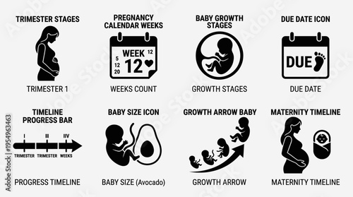 Pregnancy Timeline Vector Icons – Trimester Stages, Growth, Due Date & Maternity Tracking