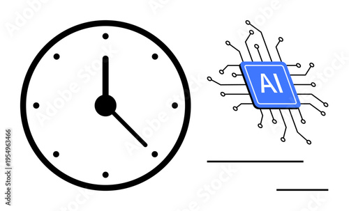 Productivity, artificial intelligence, automation, technology, time tracking, efficiency. A clock alongside an AI microchip graphical element. Productivity and artificial intelligence concept