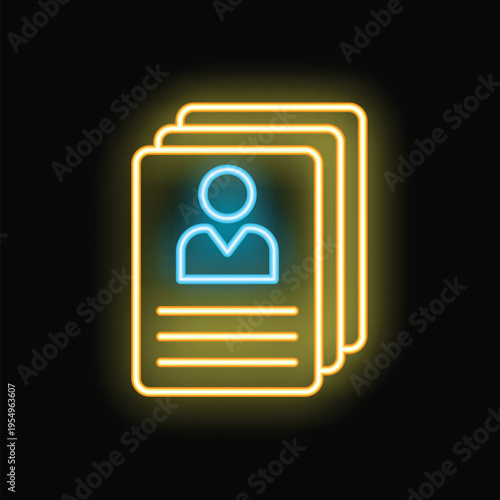 Bright neon icon depicting multiple resumes with profile pictures, symbolizing job applications and the hiring process
