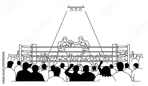 Hand drawn line art illustration of a boxing match in a ring with a crowd of spectators