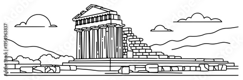 Minimalist line art drawing of ancient Greek temple ruins in a scenic landscape
