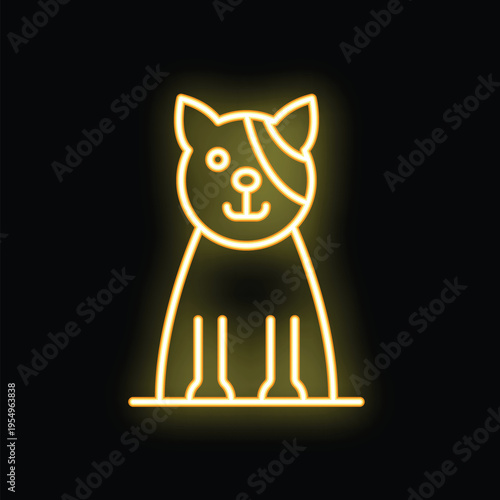 Minimalist drawing of a yellow neon dog with an eye patch sitting down, on a black background