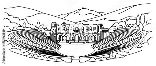 Hand drawn line art illustration of an ancient Greek amphitheater with mountains background