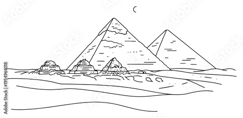Hand drawn line art of the Great Pyramids of Giza and Sphinx in the Egyptian desert