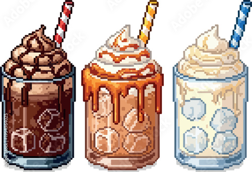 Pixel art depictions of three iced beverages with whipped cream and straws, showcasing caramel, chocolate, and vanilla flavors