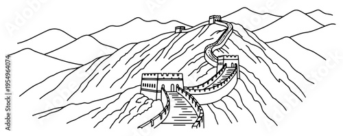 Beautiful line art drawing of the Great Wall of China winding through mountain ridges