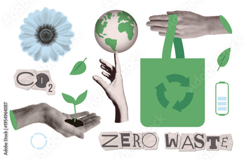 Zero waste lifestyle collage elements set. Retro halftone objects with green eco bag, co2 emissions, recycling sign, plant and earth. Sustainable environment vector pack for eco banner.