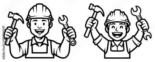 Line art vector illustration of a happy handyman builder holding a hammer and wrench