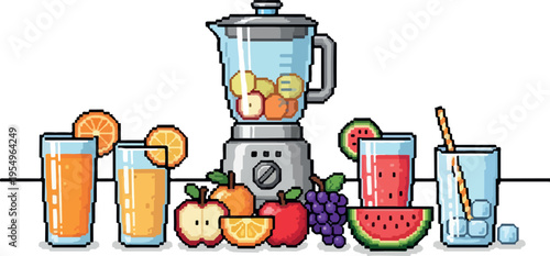 A variety of fresh juices in glasses with a blender full of fruits and sliced watermelon, promoting a healthy lifestyle and natural refreshment