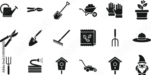 Gardening Tool Icon Set Featuring Watering Can Shovel Rake Wheelbarrow Garden Gnome Birdhouse And Mower Silhouettes For Landscape And Horticulture Design.